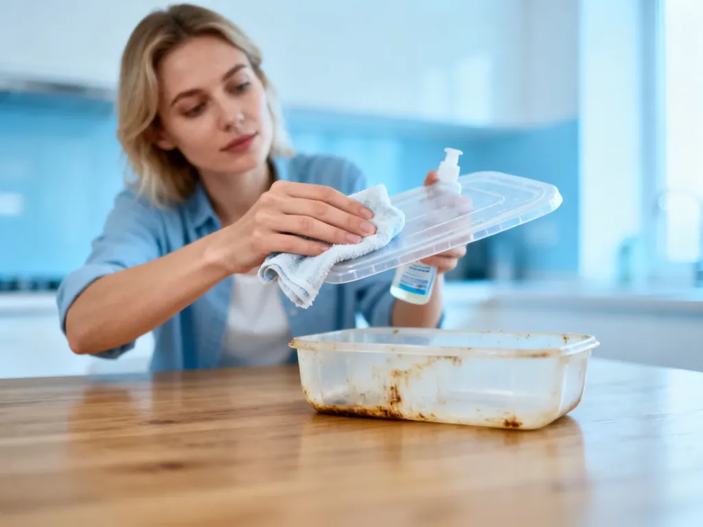 Kobieta ostrożnie usuwa resztki kleju z plastikowego przedmiotu za pomocą ściereczki i delikatnego preparatu.