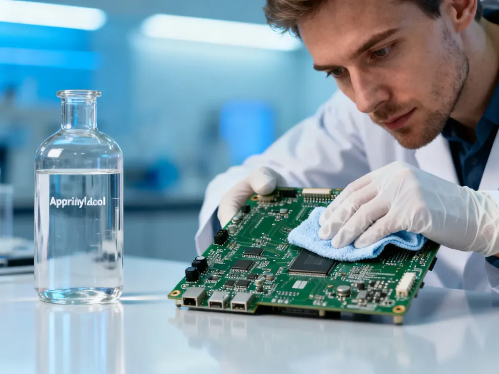 Pracownik laboratorium czyści płytkę elektroniczną alkoholem izopropylowym przy użyciu ściereczki z mikrofibry.
