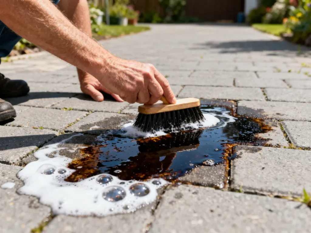 Osoba szoruje szczotką plamę z oleju na betonowej kostce brukowej przy użyciu wody z detergentem.
